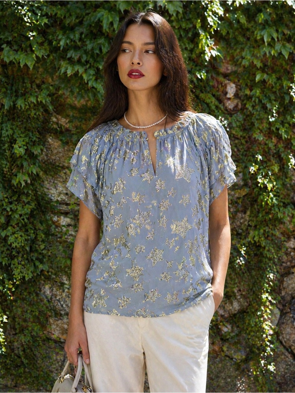 LOFT Gray Ruffle Sleeve Blouse with Metallic Gold Sparkling Stars, XL